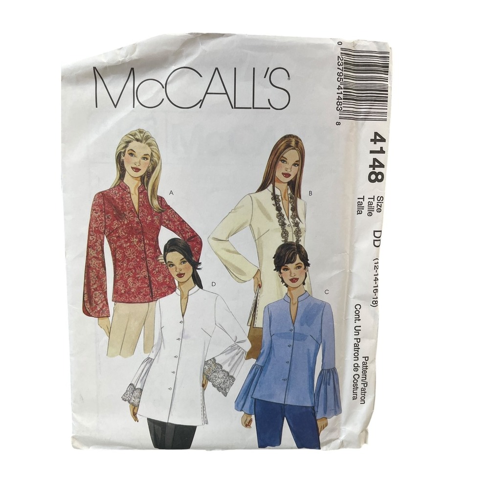 McCalls Sewing Pattern Misses 12-18 4148 Tops Tunics Blouse Stand Collar Bell